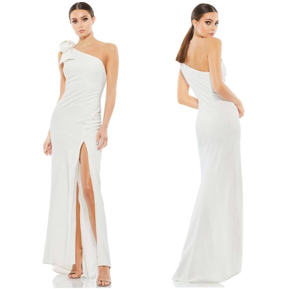 Mac Duggal Ieena FLAWED NWT White Sheath Gown One-Shoulder Bow Slit Dress 8 - Picture 1 of 11